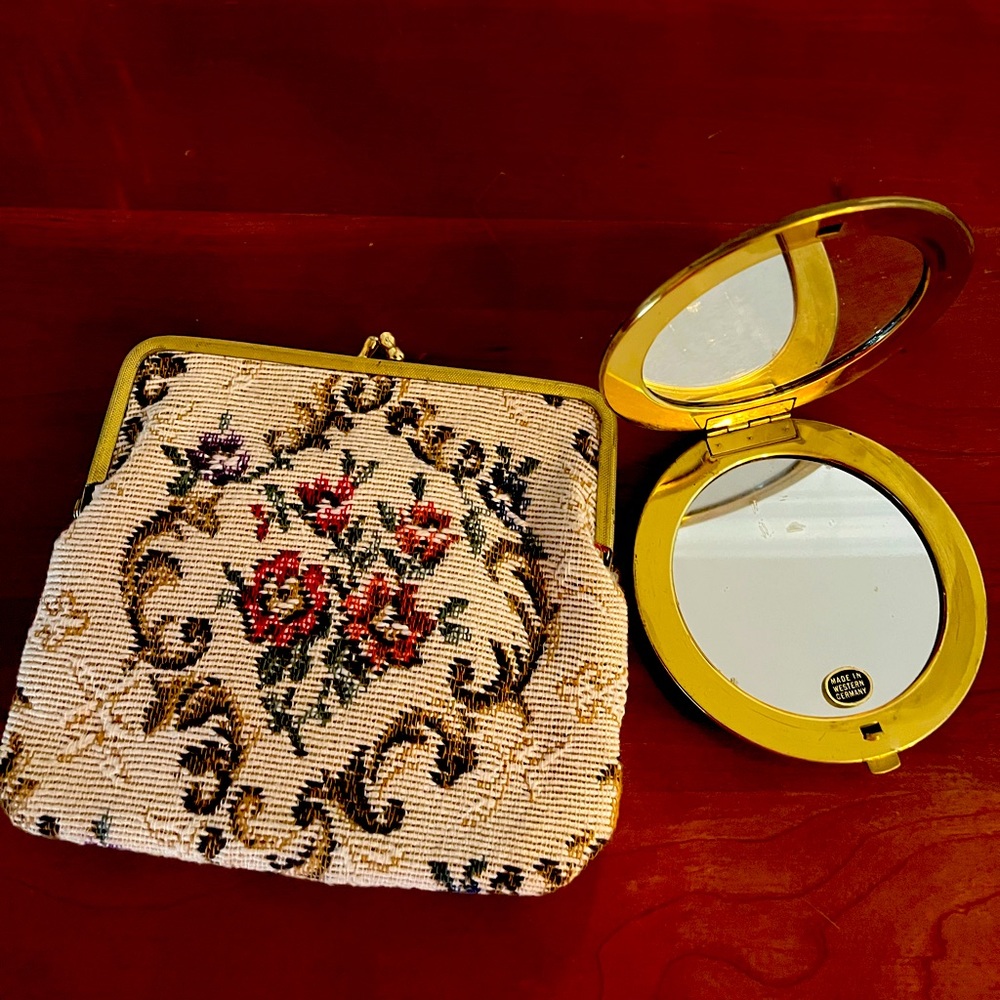 Antique beaded embroidered compact mirror and mini purse case
